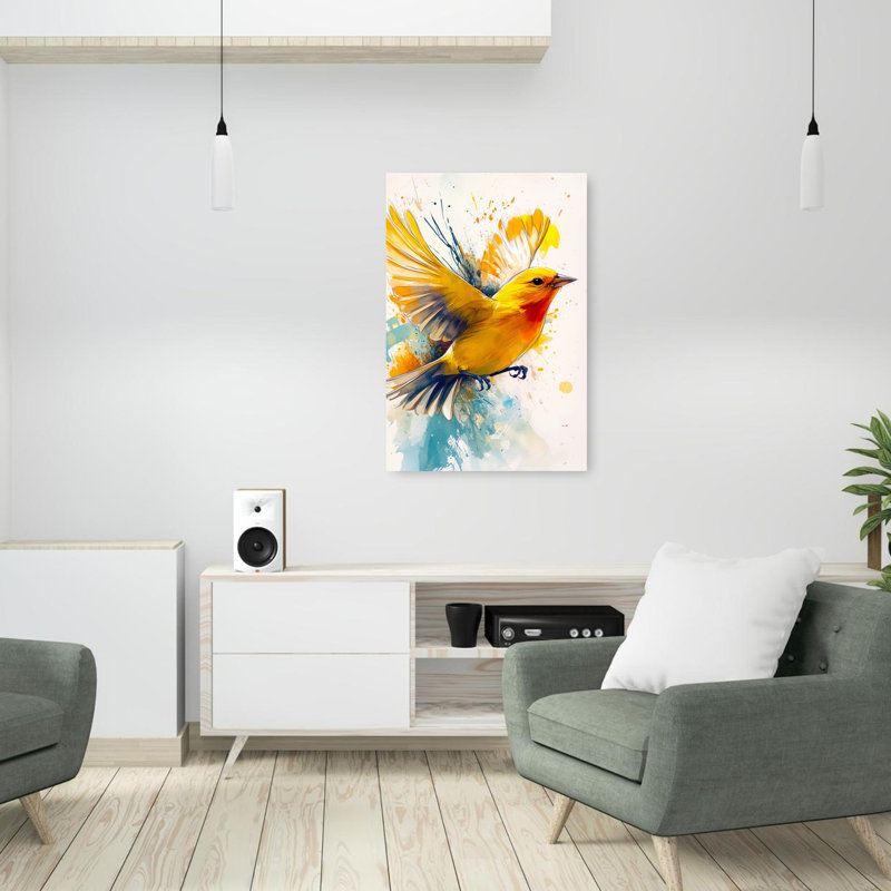Vibrant Yellow Bird Abstract Colorful Energetic Bird Nature Summer Wall Art Print 1 Piece Wrapped Canvas Wall Art