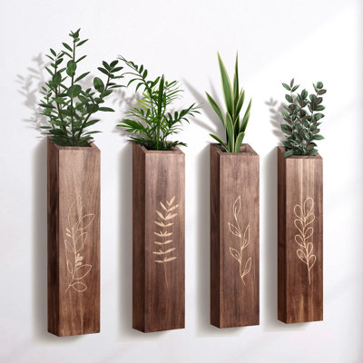 Wooden Wall Vase Planter, Finish Farmhouse & Boho Wall Decor for Entryway, Hallway, Bathroom, Living Room, Dining Room, Set of 4, (Brown)