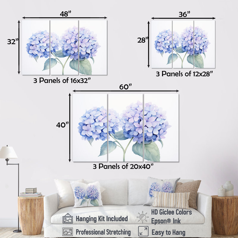 Hydrangées bleues, ferme, nature morte II - ensemble de décorations murales hortensias, H 40 po x l 60 po x P 1 po