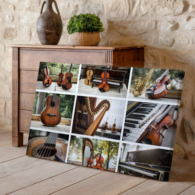 Toile, collage vibrant mettant en vedette une variété d'instruments de musique, y compris l'art mural, guitare, violon, piano, flûte, saxophone et harpe, art mural