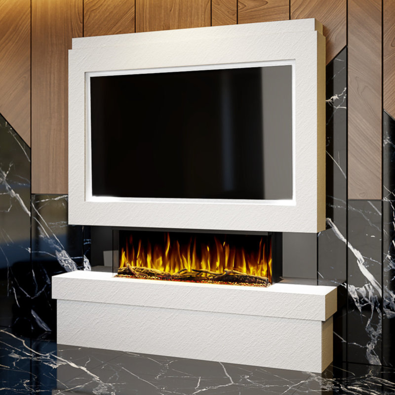Evolution Fires Pre-Built Media Wall Package 2, finished in textured Venetian Plaster, includes Spectrum Series 44 Series 3-Sided Electric Fireplace
