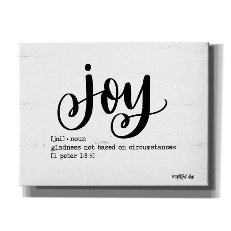 «Joy» par Imperfect Dust, art textuel sur toile tendue, H 12 po x l 16 po x P 0,75 po