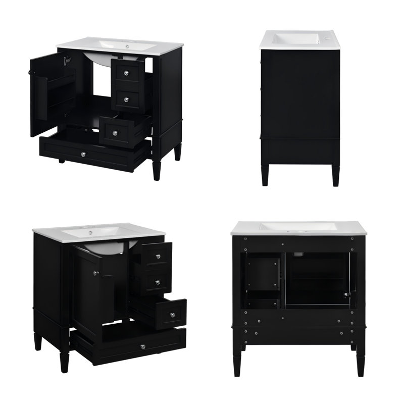 Meuble-lavabo de 30 po avec lavabo en céramique, armoire moderne en bois massif avec 3 tiroirs à fermeture en douceur, meuble-lavabo autoportant pour la salle de bain