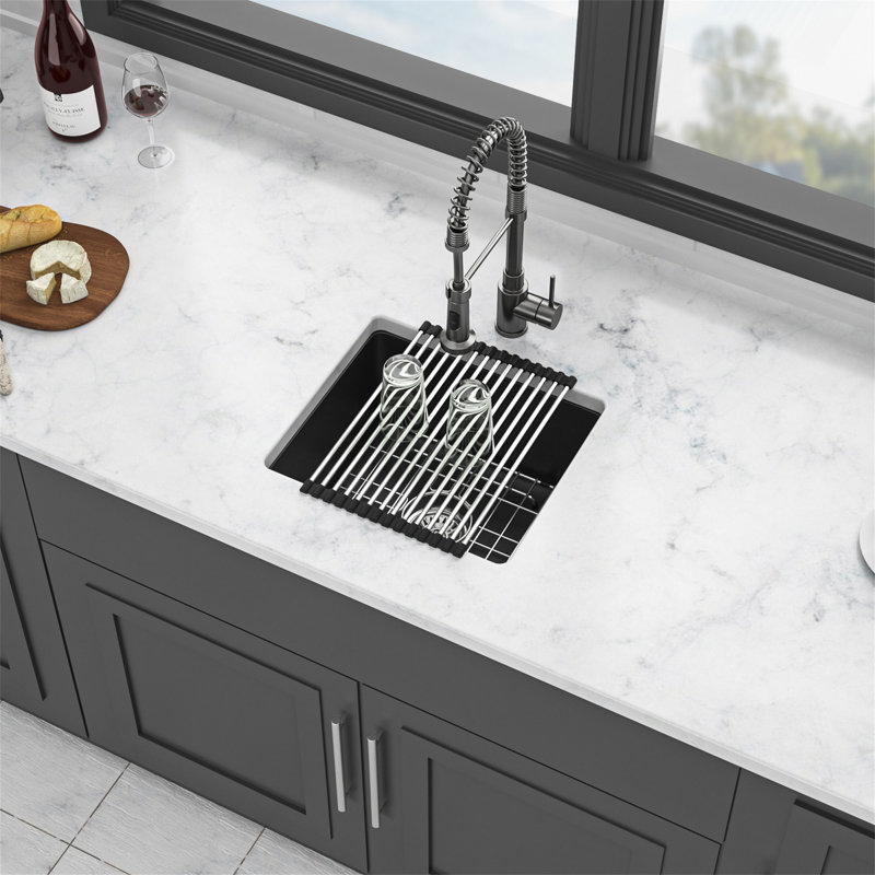 Quartz Kitchen Sink - 17.71"X15.74"X9" Black Granite Composite Undermount Kitchen Sink, Black