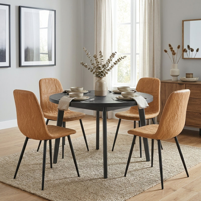 Ound Kitchen Table With Upholstered Chenille Fabric Leather Dining Chairs