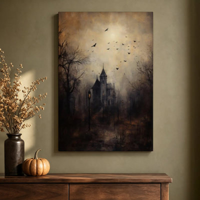 Tableau à l'huile sur toile tendue représentant un manoir gothique hanté avec des chauves-souris, 40 x 60 cm, prêt à accrocher.