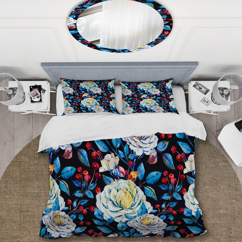 Ensemble de housse de couette fleurs blanches et feuille bleue, Housse de couette pour très grand lit et 2 très