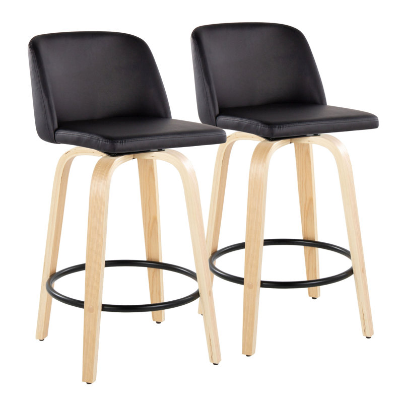 Toriano Mid-Century Modern Fixed-Height Counter Stool In Walnut Wood With Round Chrome Footrest And Black Faux Leather By Lumisource - Set Of 2