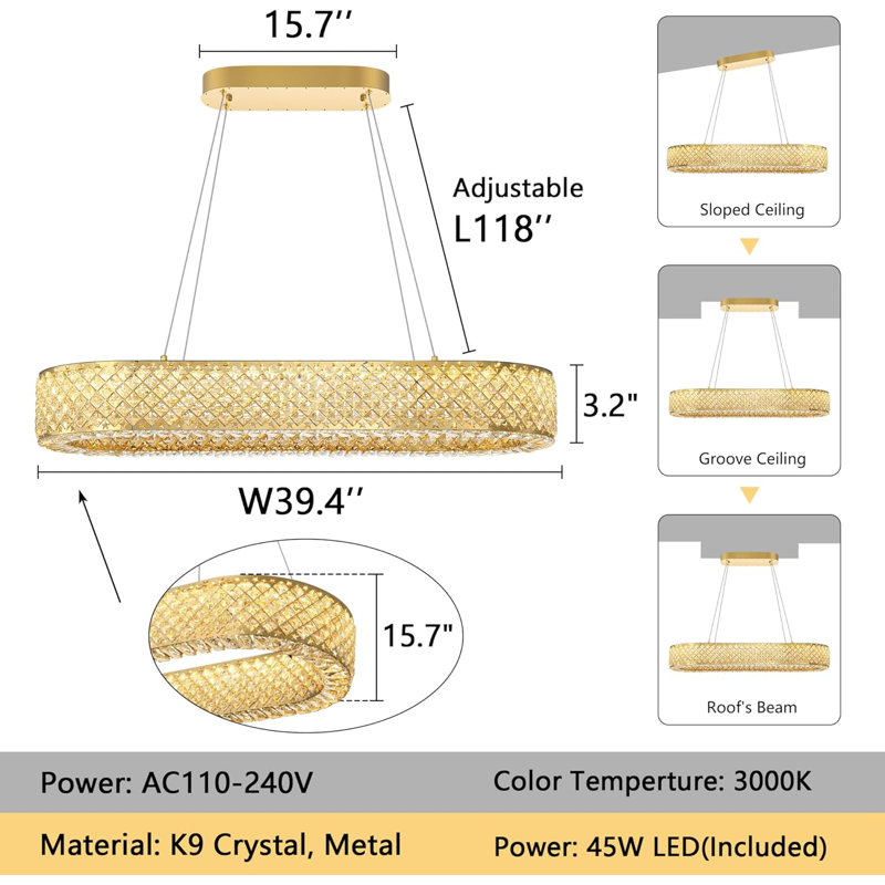 Glam Rectangular Crystal Chandelier, Gold