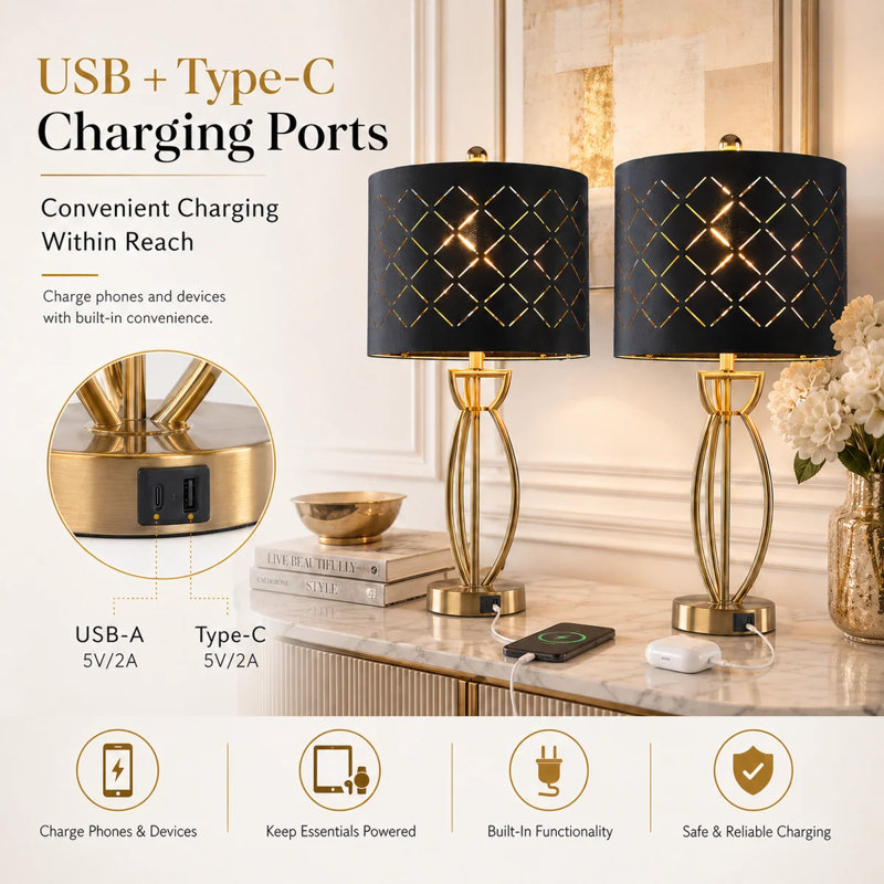 Anja 25" Modern Glam Table Lamp Set with USB+Type-C Ports and Black Shade