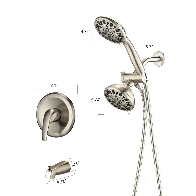 Système de douche mural avec bec de baignoire - Robinet haut 2 en 1. 7 modes de pulvérisation pour un bain relaxant. Robinet double en nickel brossé. Douche luxueuse.