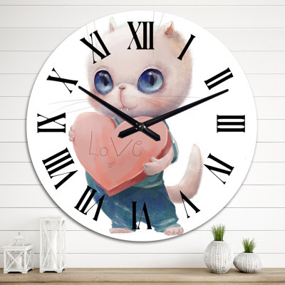 Mignon chat blanc avec cœur - Horloge murale pour enfants
