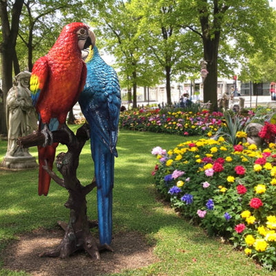 Superbe statue en bronze à deux grands perroquets sur arbre - sculpture majestueuse pour le décor, L 43 po x l 28 po x H 67 po