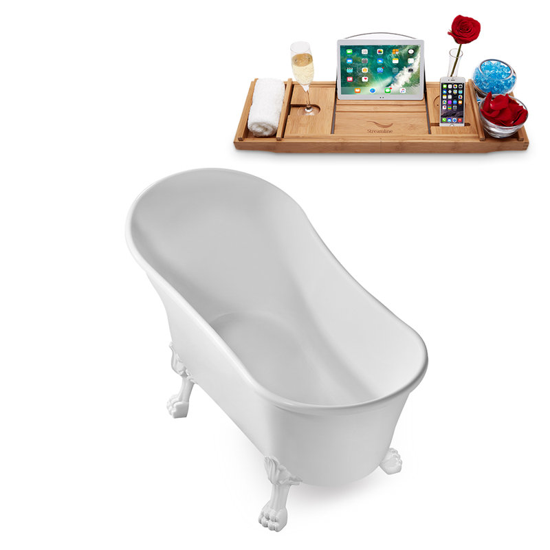Baignoire de trempage sur pieds 59 "avec drain, pattes et plateau en bambou 59" Streamline, Blanc lustré, Chrome poli
