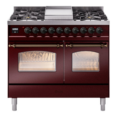Cuisinière à double combustible de 40 po avec 6 brûleurs scellés et plaque chauffante (porte vitrée) ILVE Nostalgie II Series