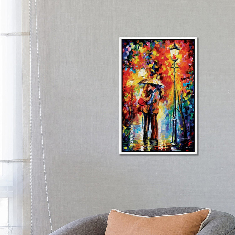 Kiss Under The Rain by Leonid Afremov - Painting on Canvas, 66.04 cm H x 45.72 cm W, White Framed Canvas