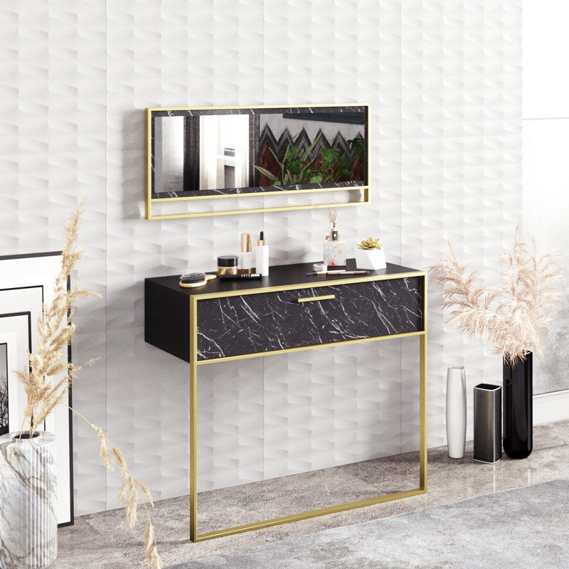 Buffet Modern Glam avec miroir, doré et noir, 35,4 x 30,2 x 15,2 pouces | 100% panneau de particules enduit de mélamine, pieds en métal | Plusieurs tablettes, à fixation murale, motif en marbre élégant, parfait pour le rangement et la décoration