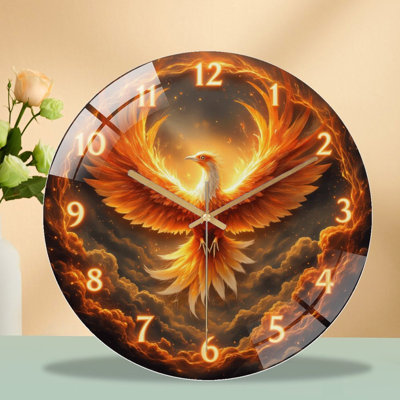 Phoenix Clock Wall Art Decor for Home Living Room Art - 12'' Modern Glass Wall Clock