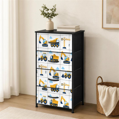 4-Drawer Dresser for Bedroom Hand drawn cute cars Truck tractor cargo crane bulldozer Small Tall Clothes Dresser for Closet Organizers with Chest of Drawers Fabric Storage Bins Dressers