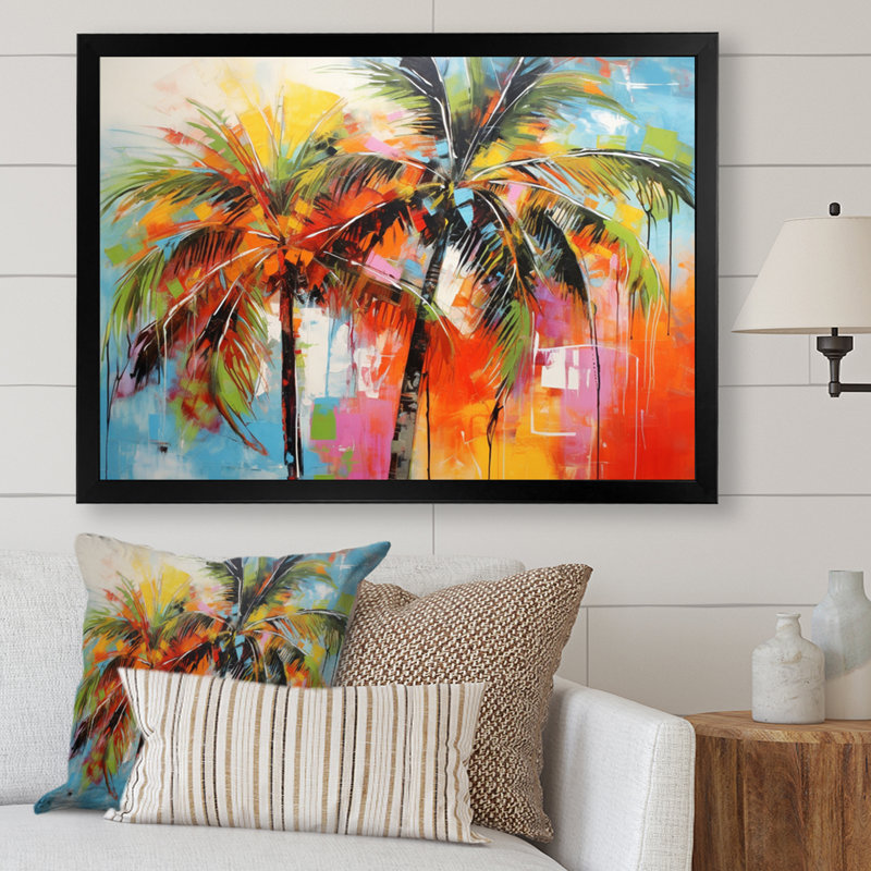 «Popart Palm Trees I», reproduction d'art sur toile Palm Trees, Cadre simple noir, H 12 po x l 20 po x P 1 po