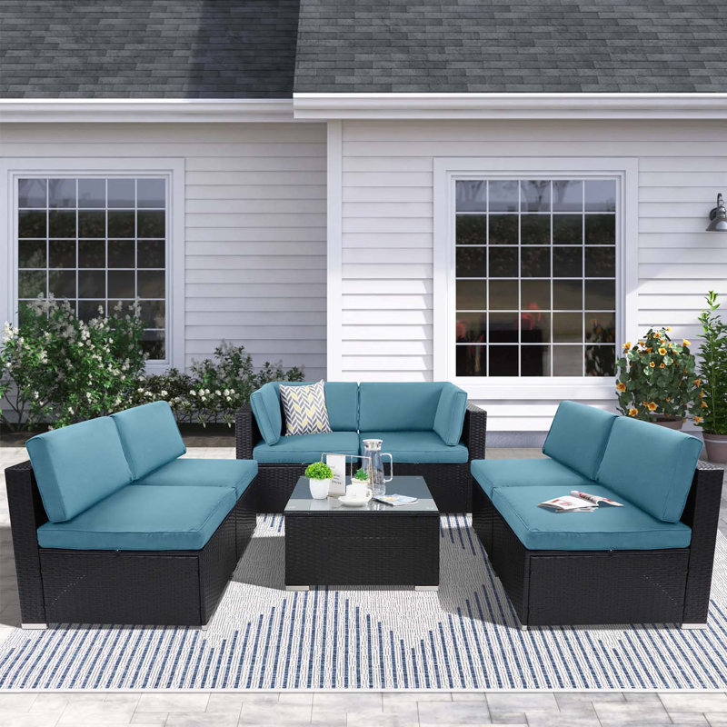 6 - Person Outdoor Seating Group with Cushions, Sky Blue, Black