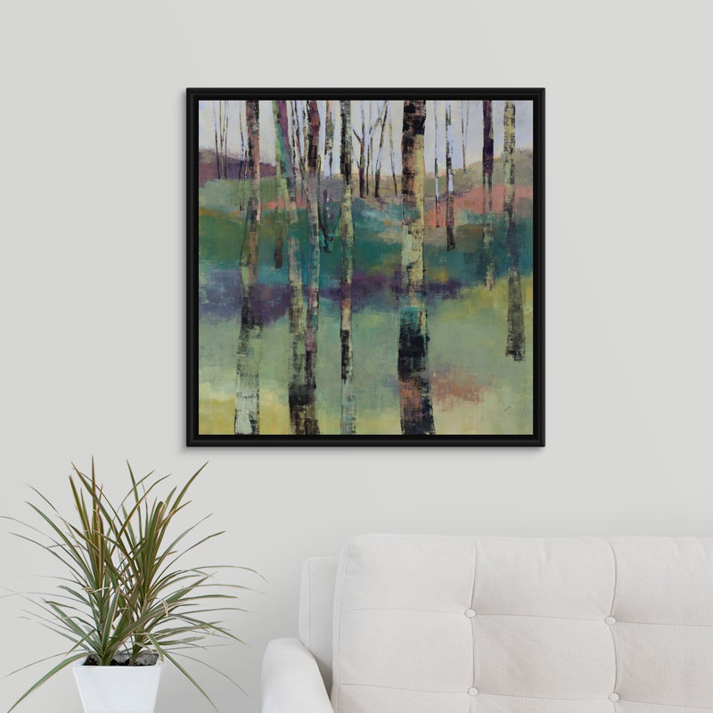 « silent sentinels », peinture sur toile, H 25,7 po x l 25,7 po x p 1,75 po, Cadre flottant noir