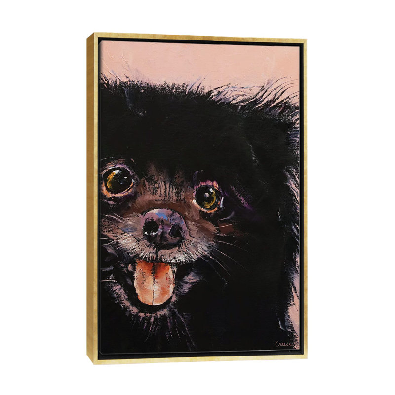 « Black Pomeranian » par Michael Creese, reproduction d’art, H 40 po x l 26 po x P 1,5 po, Toile encadrée d'or, Pas de tapis