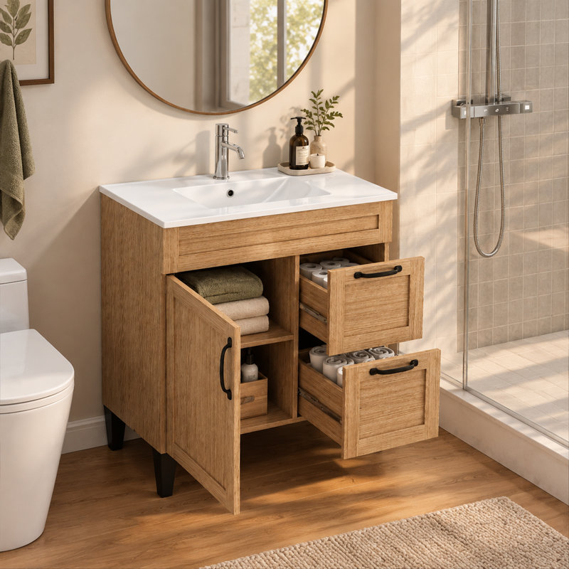 Ensemble meuble-lavabo et lavabo pour salle de bain, comprenant un meuble de 31,66 pouces avec deux tiroirs et des portes à fermeture douce — convient à une utilisation dans une salle de bain.