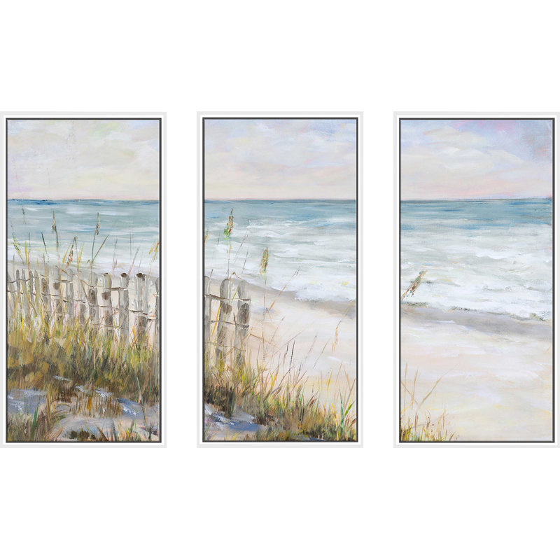 Mist Ocean View - 3 pièces, peinture sur toile à cadre flottant, L 52,5 po x H 33,5 po