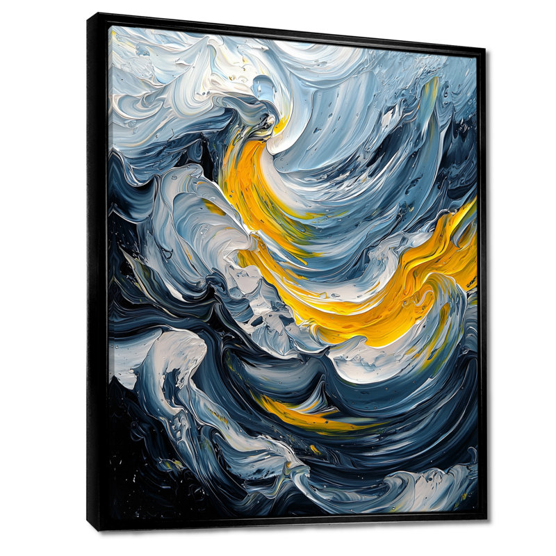 «Nudd Yellow and Gray Ink Oceanic Waves I», reproduction d'art sur toile, H 32 po x l 24 po, Reproduction avec cadre flottant