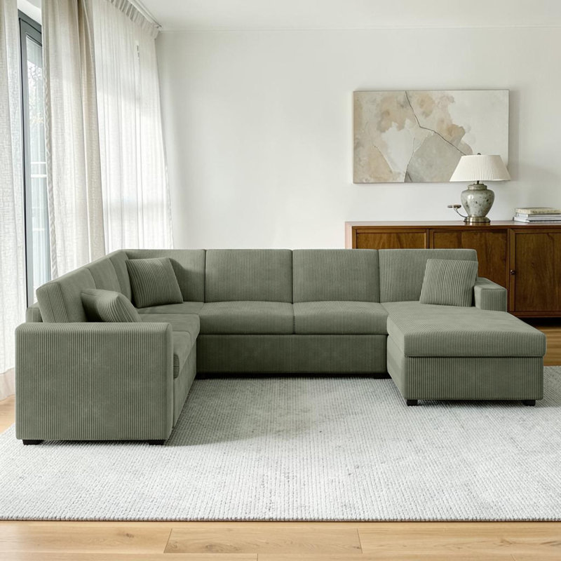 U-Shaped Sectional Sofa With Chaise, Green Corduroy