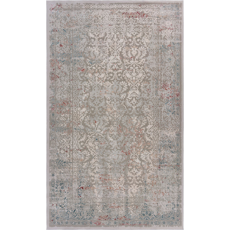 Modern Soft Damask Power-Loomed Polyester Indoor Area Rug, Rectangle 1'10" x 3', Gray/Red