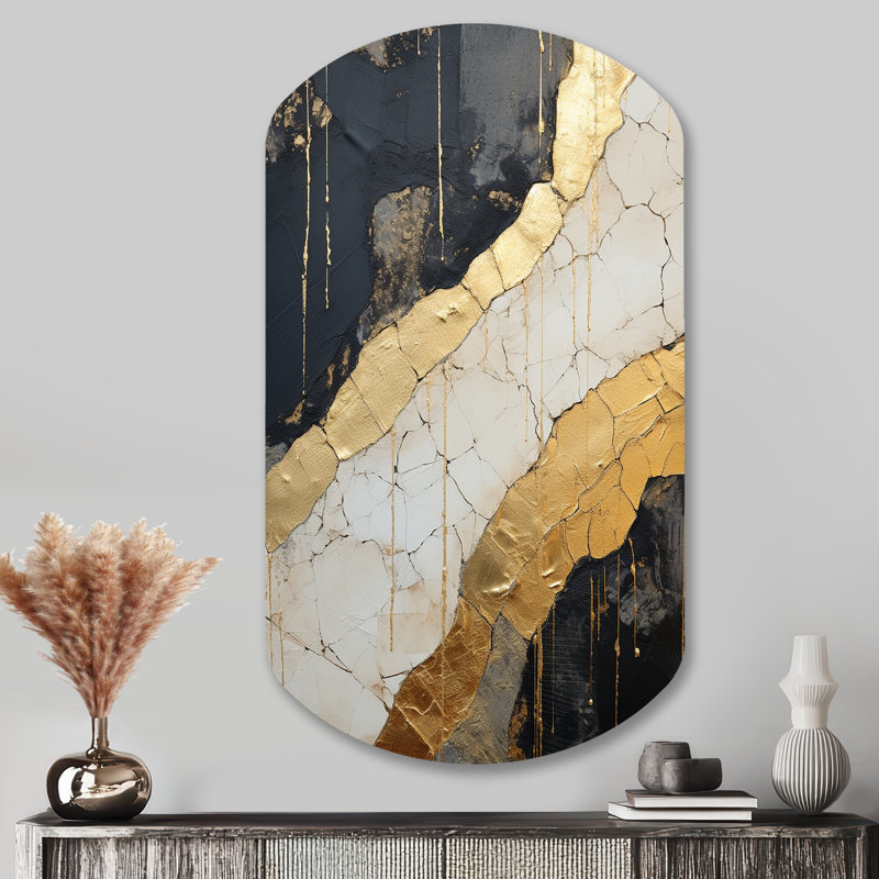 Black Gold Adorned Potteries V - Abstract Spirals Cylinder Shape Asymmetric Metal Wall Art, 43" H x 23" W x 1" D