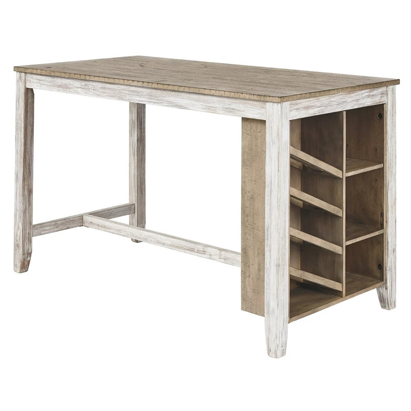 Cottage Charm Grayish White Wood Counter Table with Wine Rack