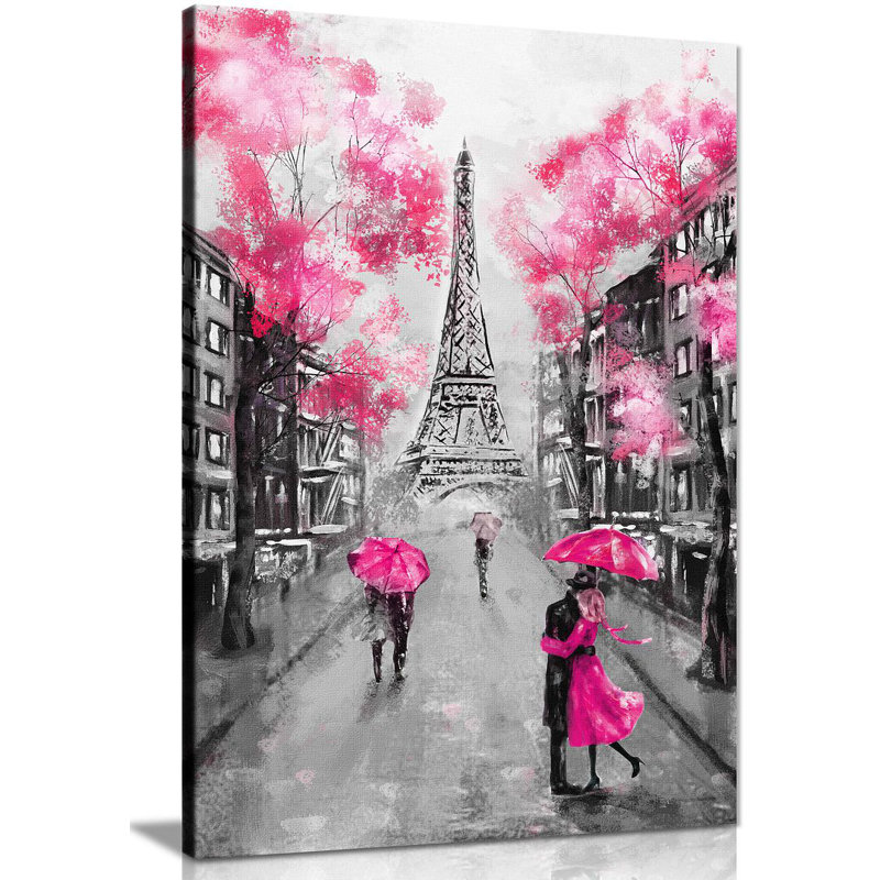 Black & White Paris Painting - Wrapped Canvas Print, 31cm H x 20cm W, Pink