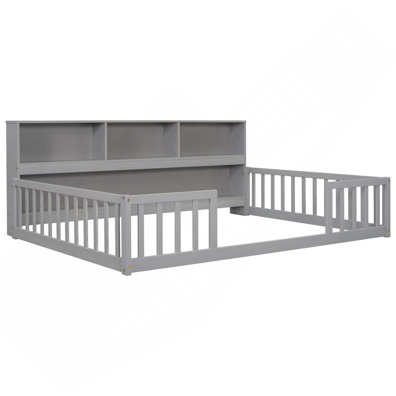 Lit en bois avec bibliothèque latérale, tablettes et garde-corps, Grey, Full
