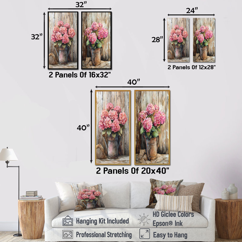Bouquet d'hortensias rustique à la grange I - Collection d'art mural floral 2 panneaux, H 32 po x l 33 po