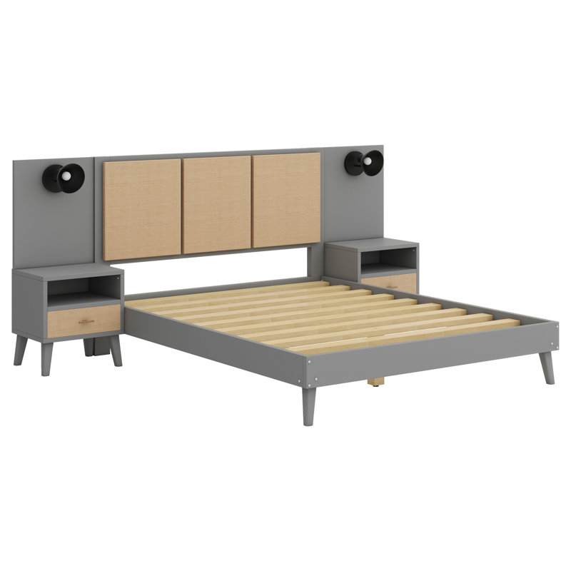 Structure de lit en bois avec 2 tables de chevet et design élégant avec lampes, Gris