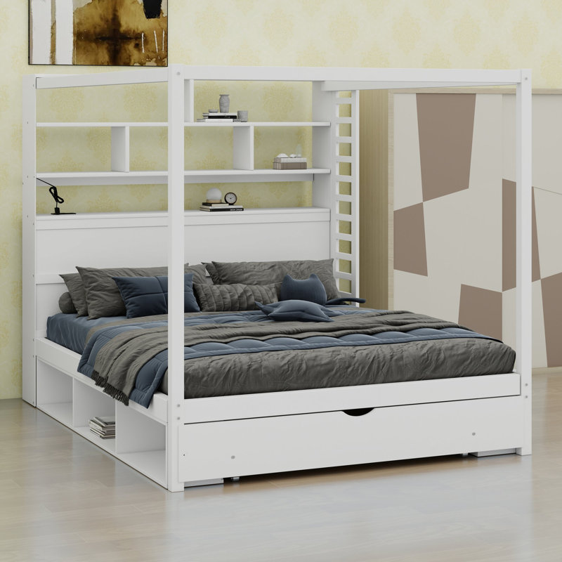 Cadre de lit à baldaquin avec tête de lit bibliothèque, port USB, éclairage DEL et rangement sous le lit, Queen, White
