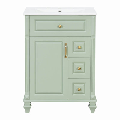 Meuble-lavabo 24 po avec évier, meuble-lavabo autoportant vert avec tiroir rabattable, 3 tiroirs et armoire de rangement, bois massif et panneau de fibres à densité moyenne, comptoir d'évier en céramique