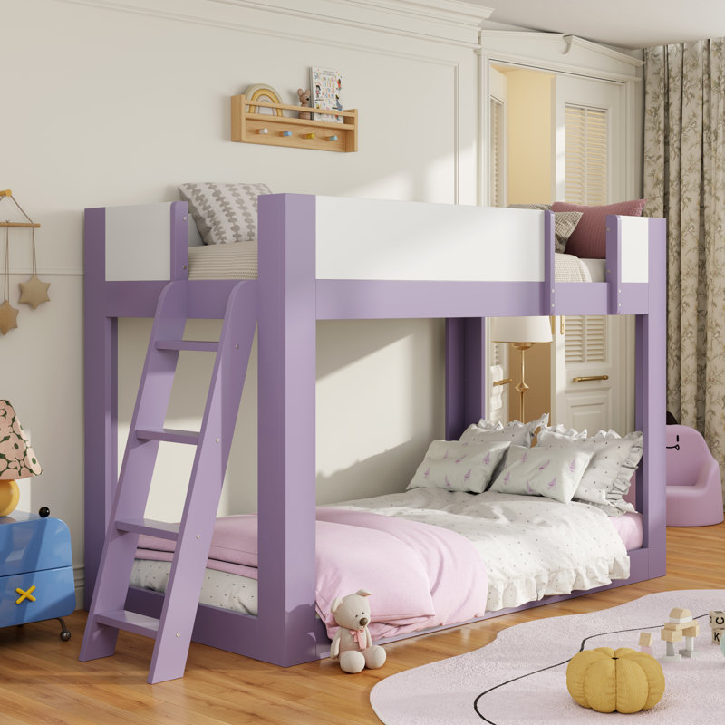 Lit superposé bas simple, en bois, convertible, avec échelle réversible et barrières de sécurité, violet et blanc., Mauve