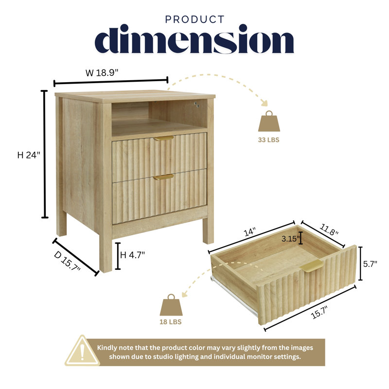  Lagoon Fluted 2 Drawer Nightstand, Bedside Table with Storage Drawers, Night Stand for Bedroom, End Table or Side Table for Living Room, 15.7" D x 18.9" W x 24" H