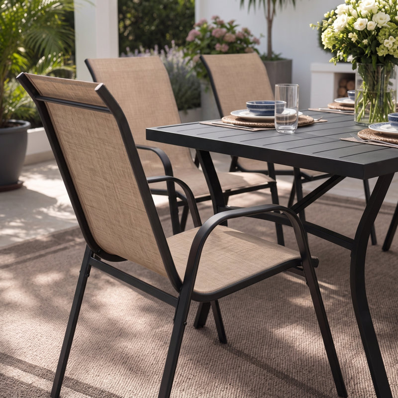 Ensemble repas d'extérieur rectangulaire pour 6 personnes avec chaises empilables Textilene, Noir / brun