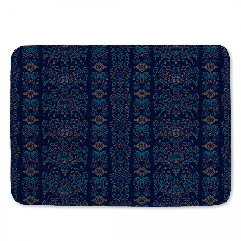 Tapis de bain damassé bleu floral, L 24 po x L 17 po
