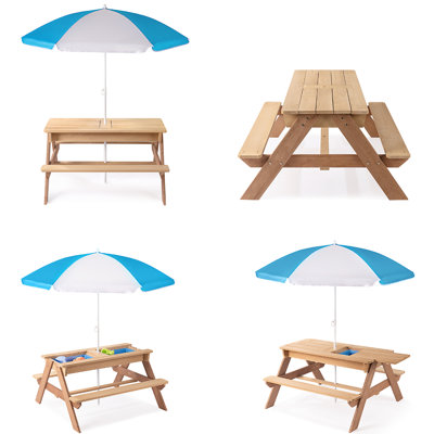 Adrianus 3 in 1 Kids Picnic Table with Umbrella and 2 Play Boxes, Sand & Water Table w/Removable Tabletop