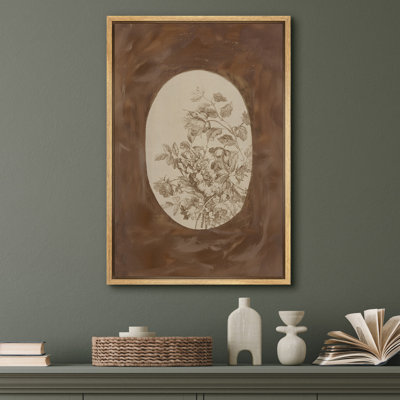 Sepia Floral Oval Canvas Print Wall Art - Antique Botanical Decor for Rustic Living Room or Hallway