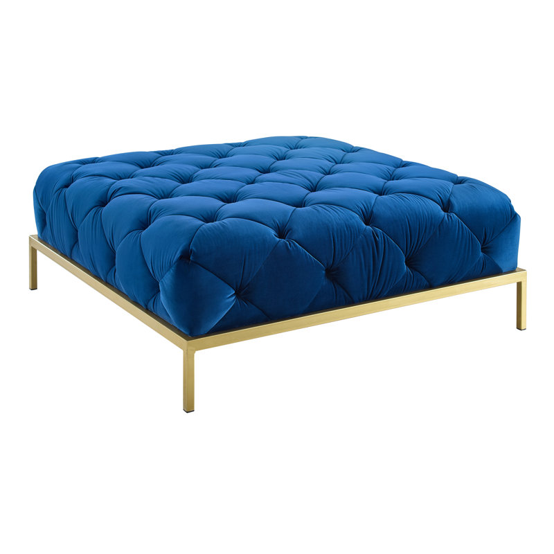 Zermeno 41.73" Wide Velvet Tufted Square Cocktail Ottoman with Gold-Finished Metal Legs, Navy Blue Velvet