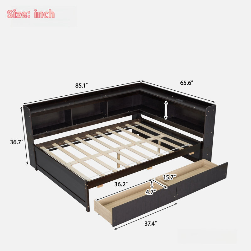 L-shaped Daybed With Bookcases, Charging Station And Two Drawers, Full, Espresso