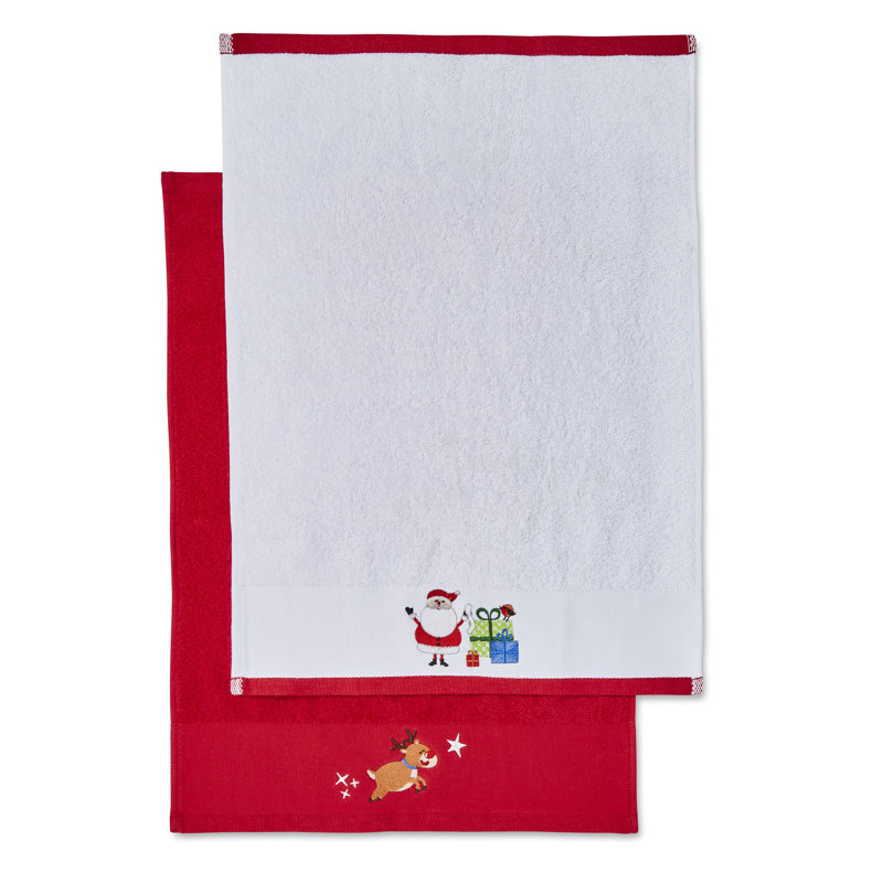 Santas Reindeers and Christmas Presents Cotton Towel Pair White/Red