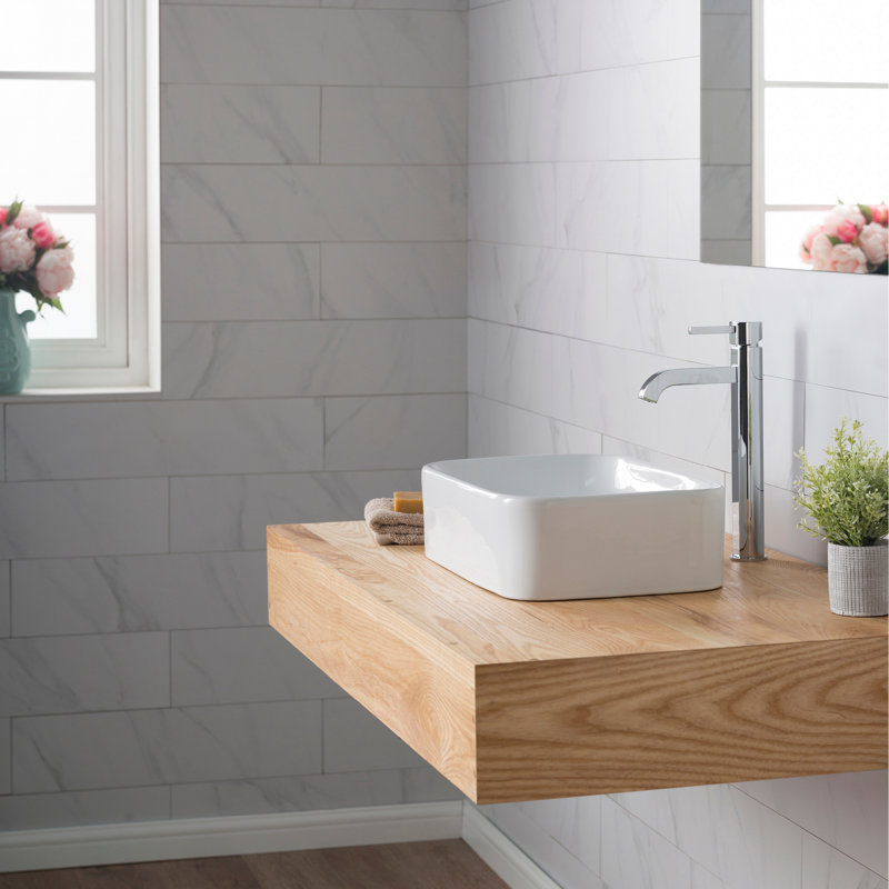 Ceramic Rectangular Vessel Bathroom Sink with Faucet, Chrome